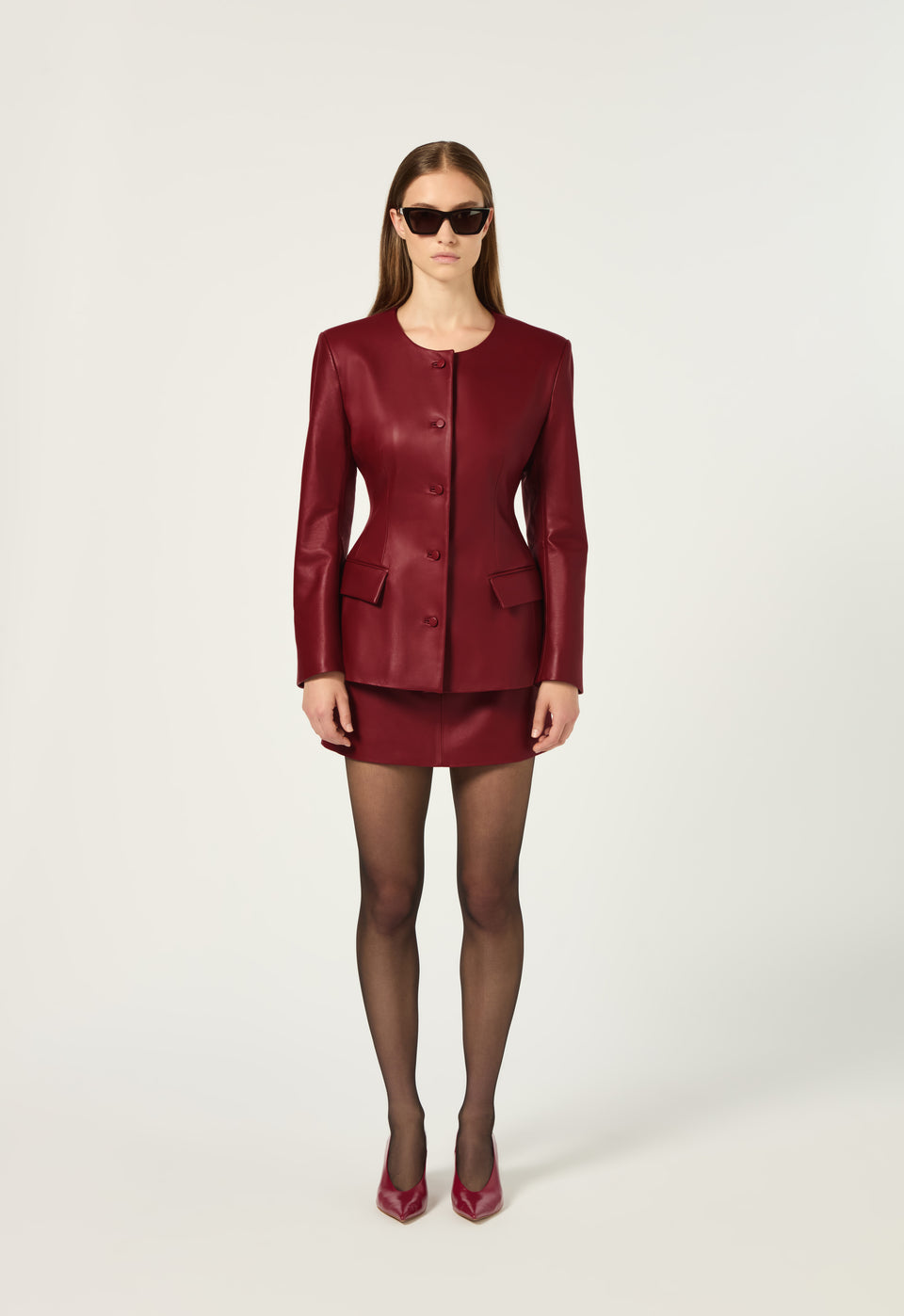 Leather Padded Contoured Blazer in Deep Red