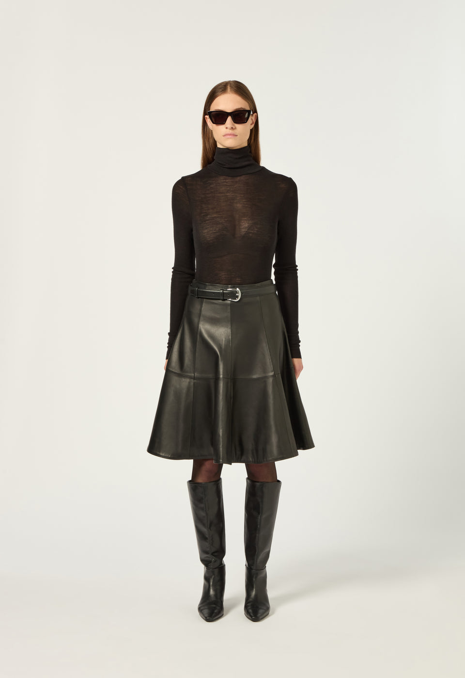 Leather A-Line Midi Skirt in Black