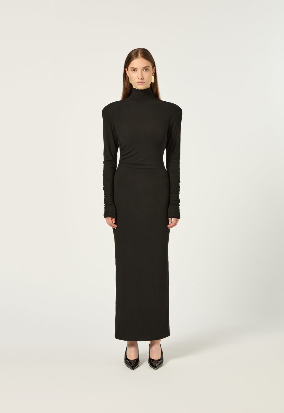 Ruched Turtleneck L/S Maxi Dress in Black