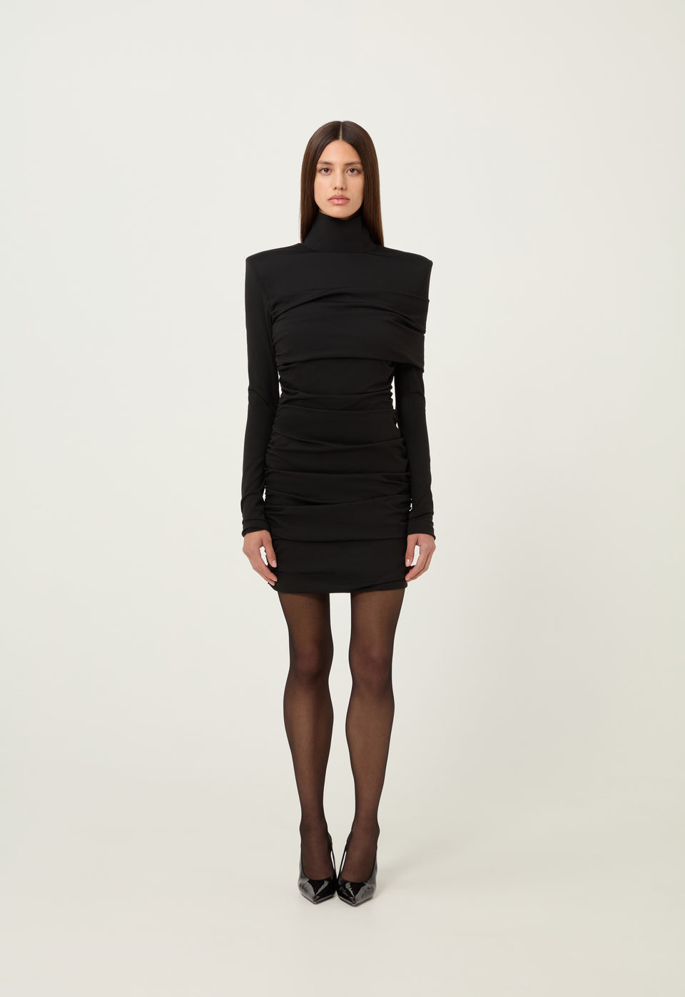 Ruched L/S Mini Dress in Black